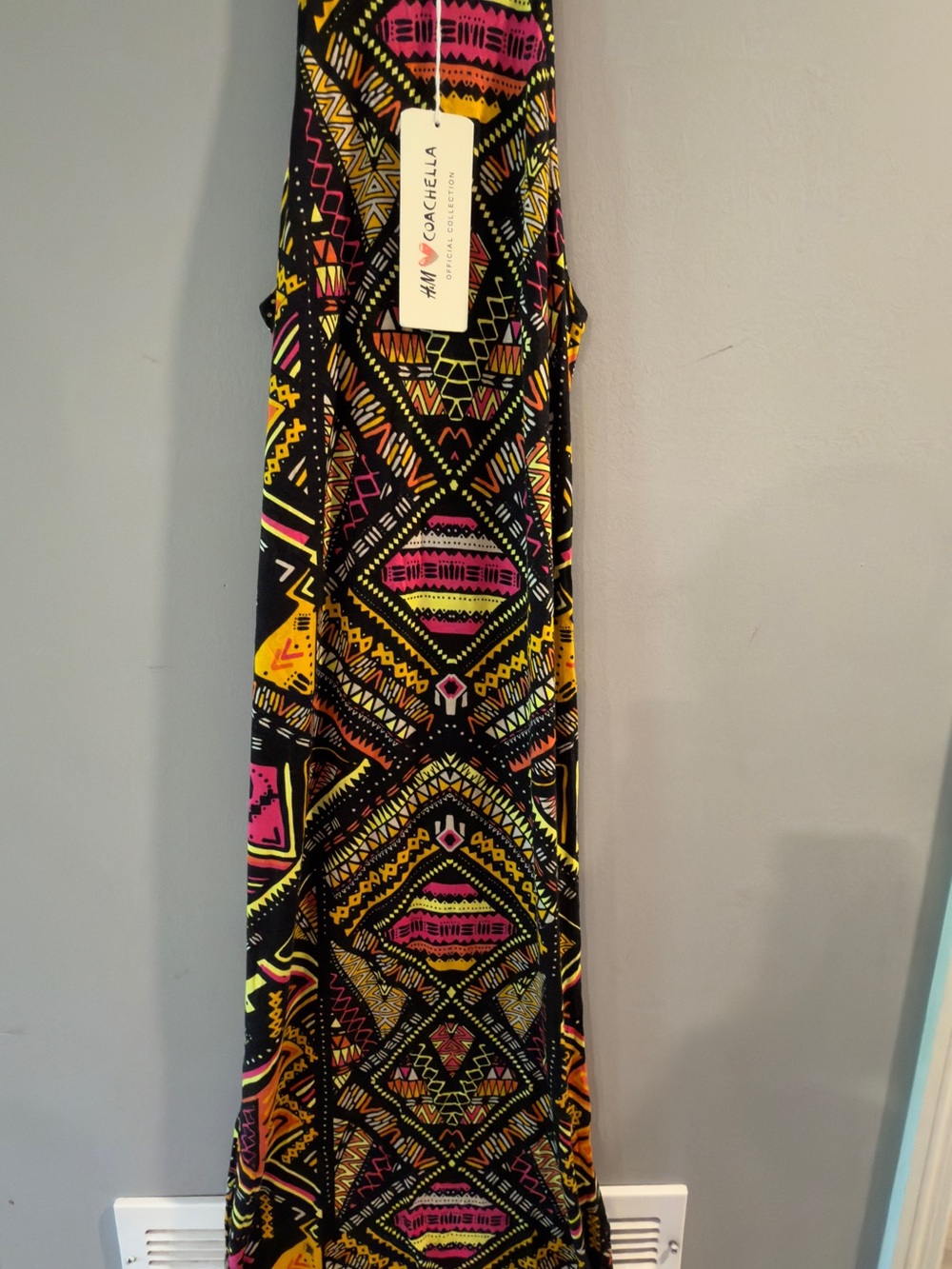 H&M Black Maxi Dress with Neon Pink, Yellow & Orange Aztec Print